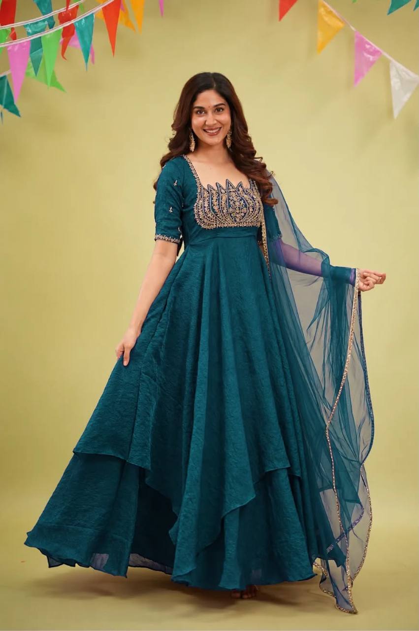 BLUE DESIGNER FANCY CRUSH SILK EMBROIDERED GOWN WITH DUPATTA