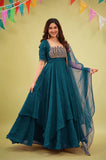 BLUE DESIGNER FANCY CRUSH SILK EMBROIDERED GOWN WITH DUPATTA