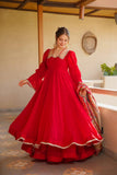 Mirror Lace Embellished Tabby Silk Anarkali Set with Palazzo &amp; Digital Print Dupatta