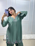 Embroidered Natural Crepe Kurta Set with Farshi Salwar &amp; Dupatta