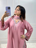 Embroidered Natural Crepe Kurta Set with Farshi Salwar &amp; Dupatta