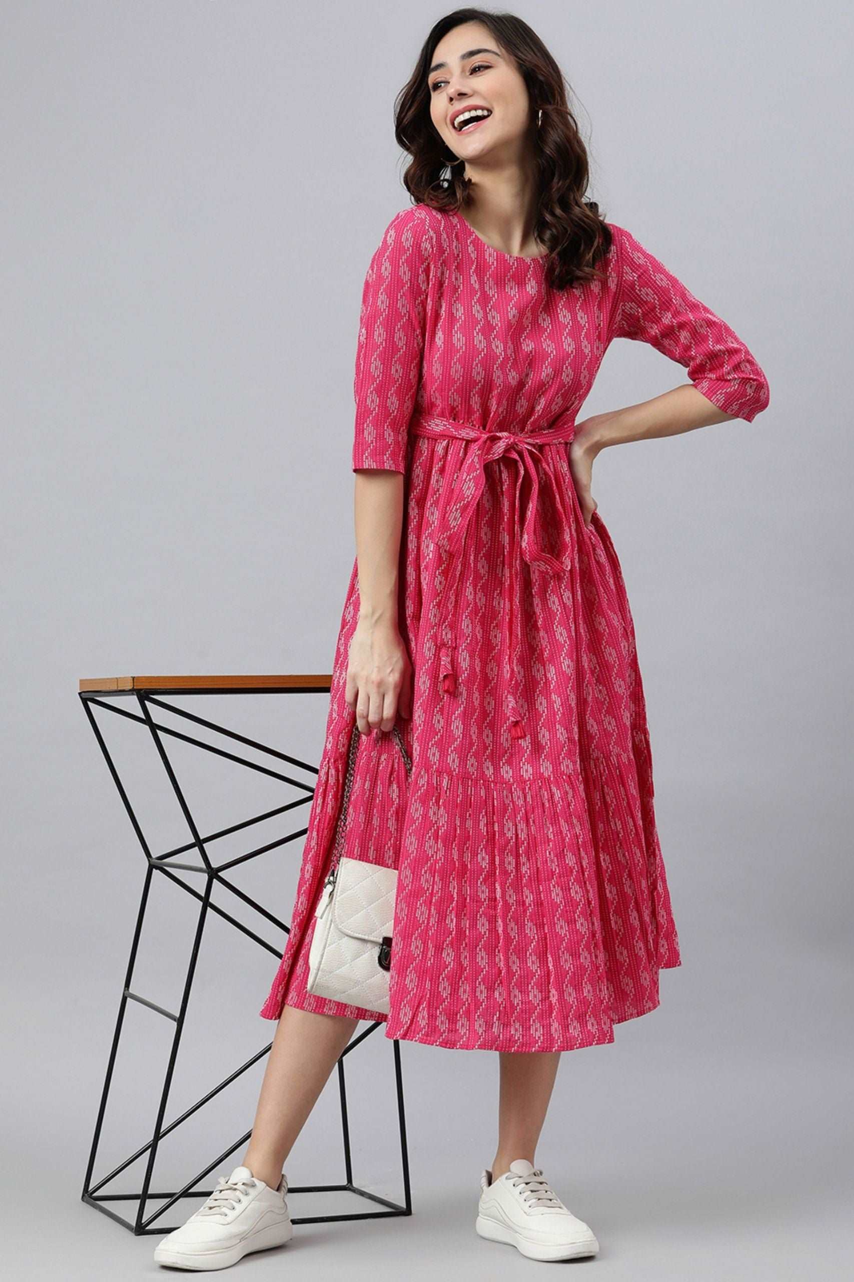 Pink Cotton Woven Tiered Western Dress - Style Like A Diva