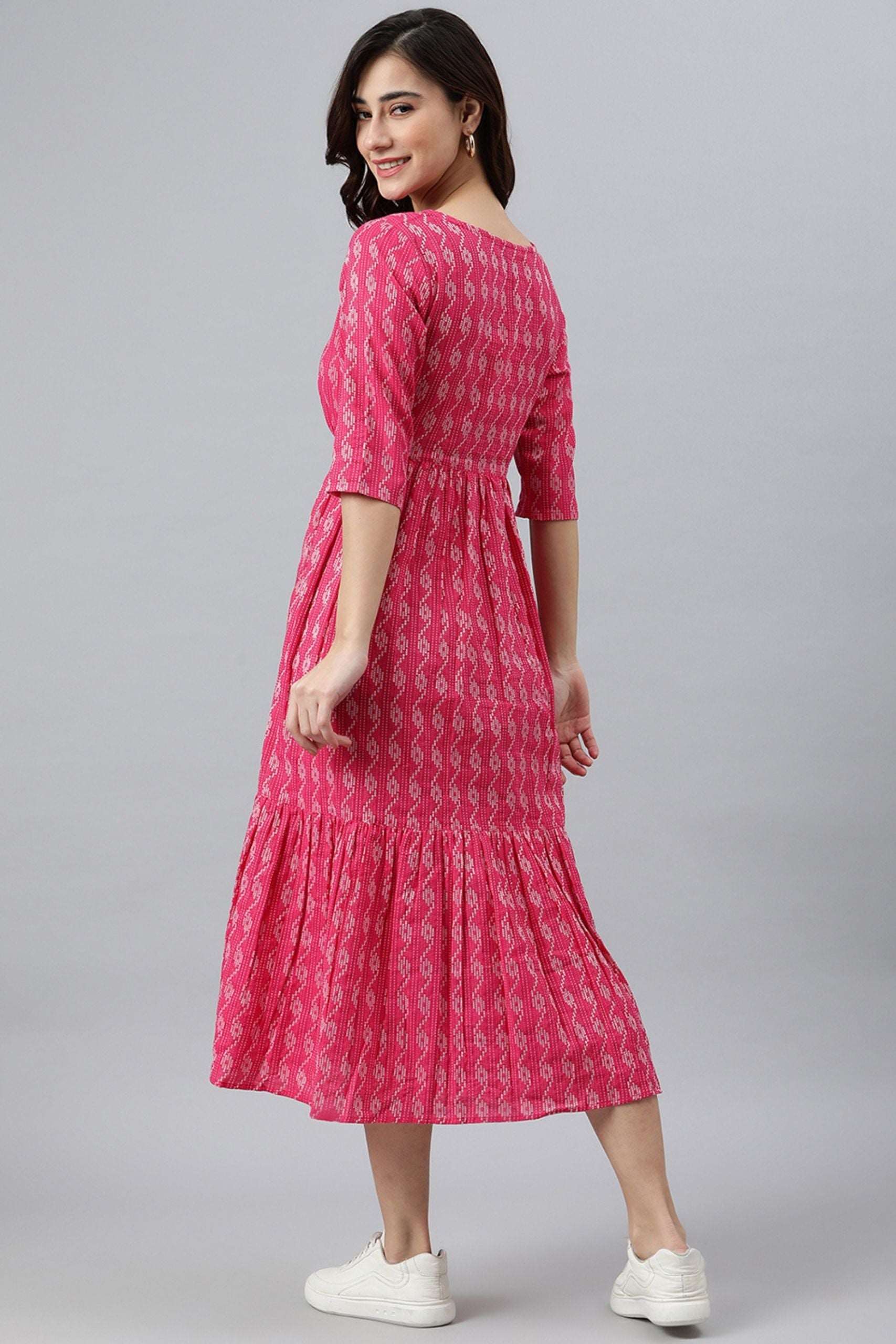 Pink Cotton Woven Tiered Western Dress - Style Like A Diva