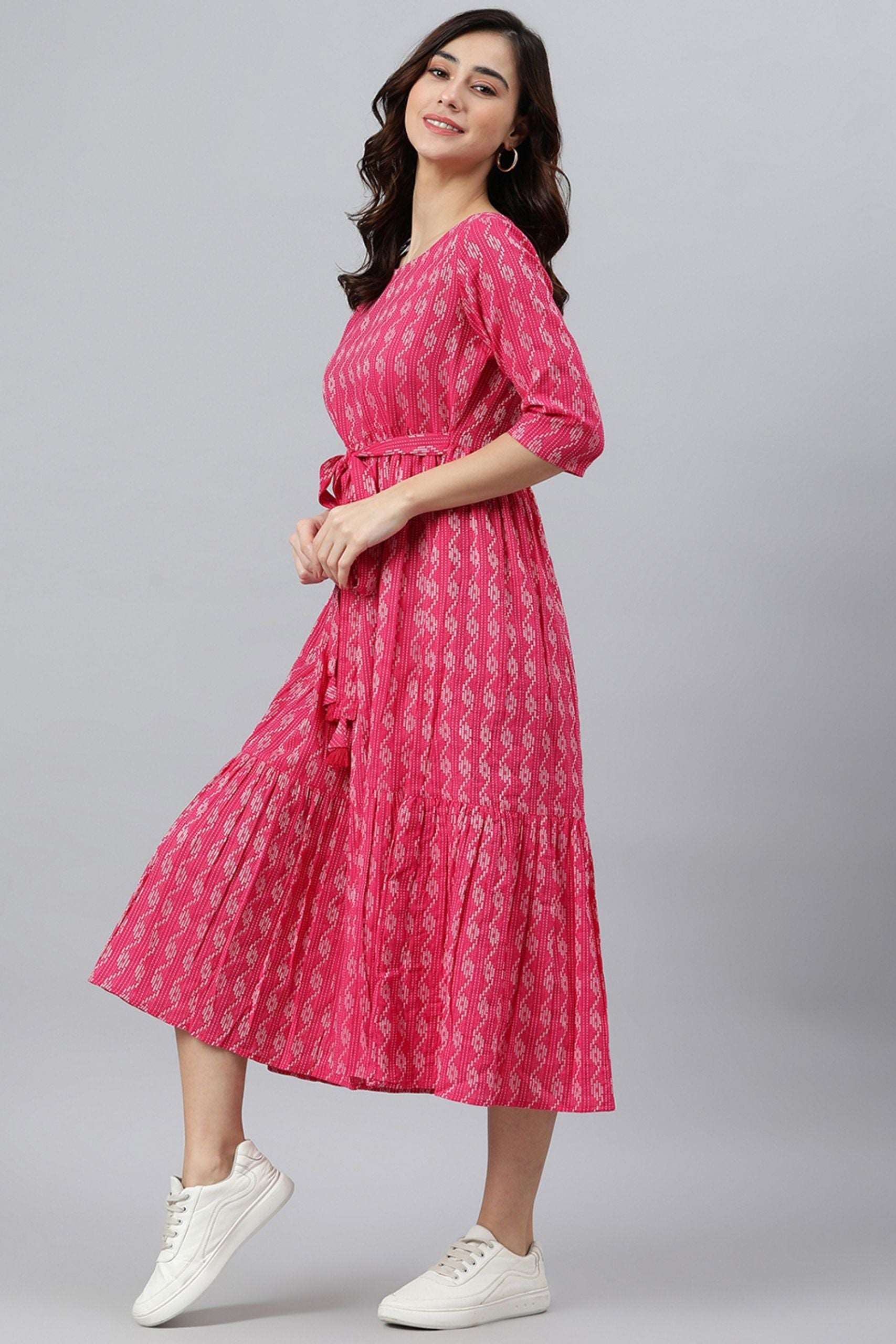 Pink Cotton Woven Tiered Western Dress - Style Like A Diva