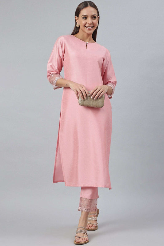 Pink Poly Silk Solid Kurta With Pant - Style Like A Diva