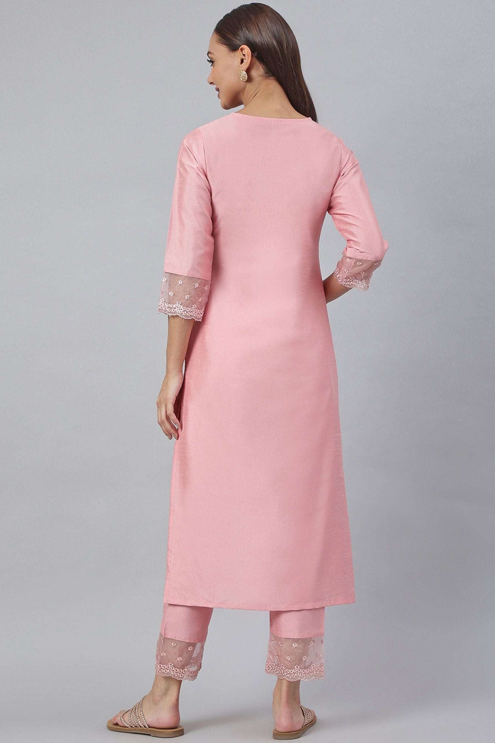 Pink Poly Silk Solid Kurta With Pant - Style Like A Diva