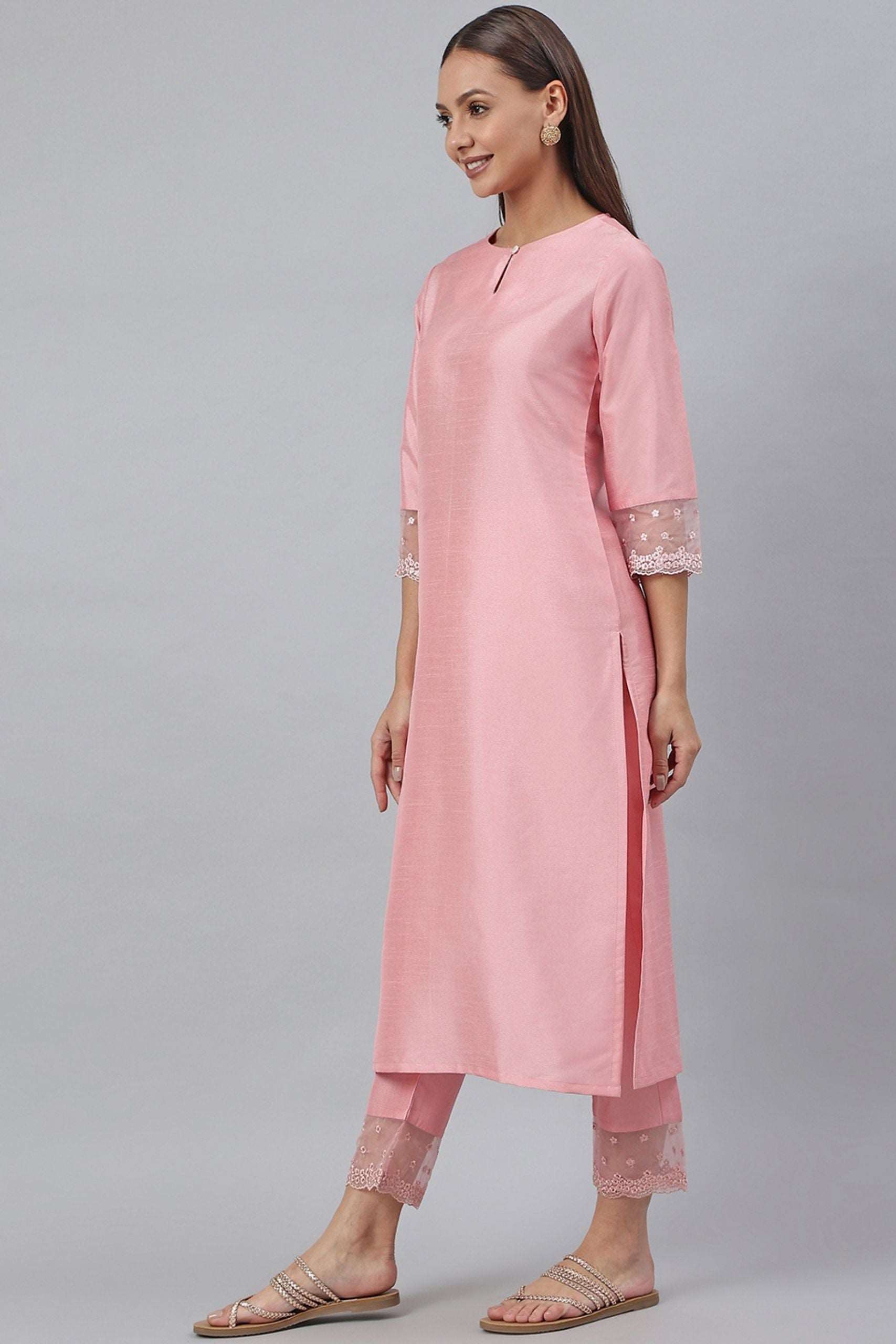 Pink Poly Silk Solid Kurta With Pant - Style Like A Diva