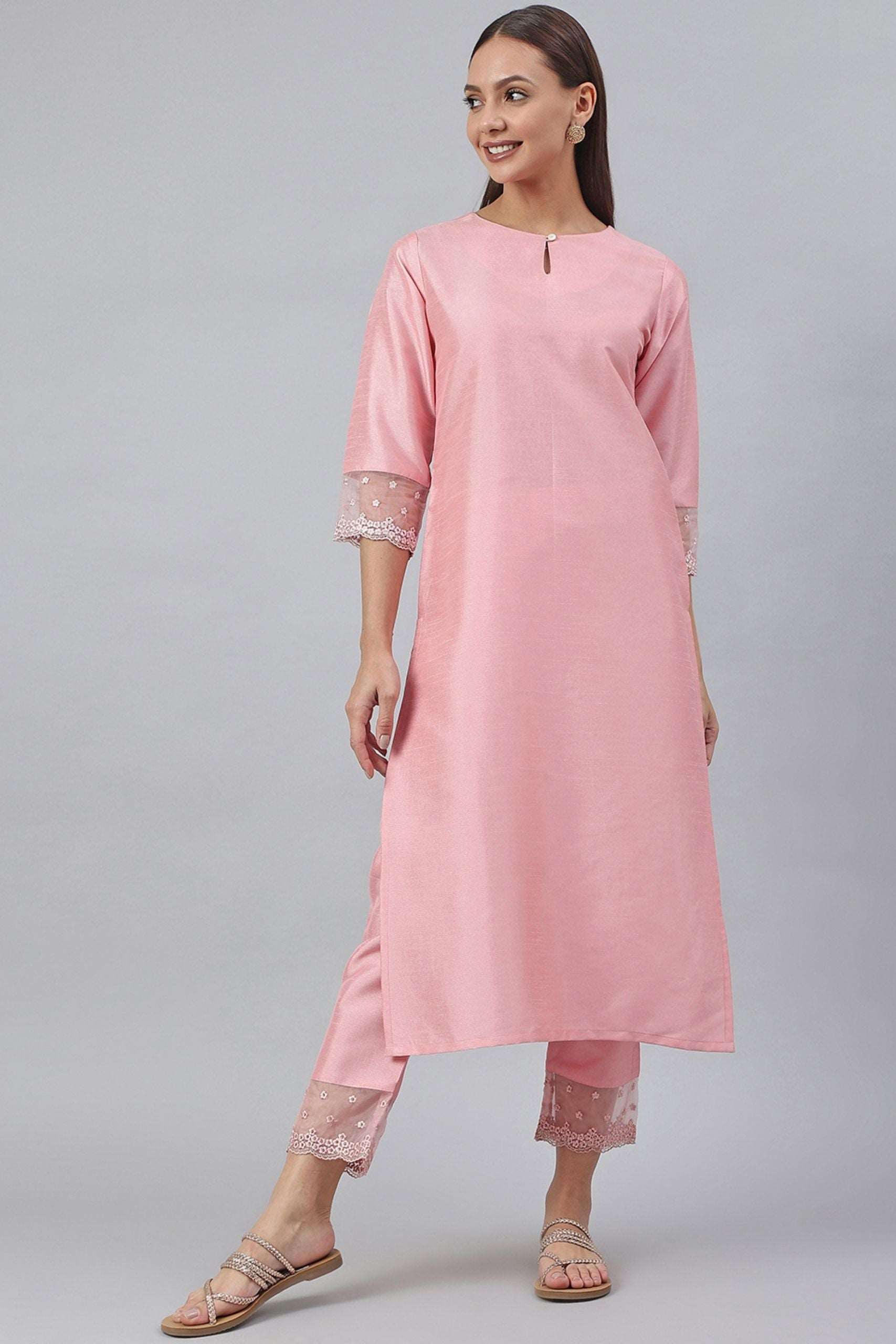 Pink Poly Silk Solid Kurta With Pant - Style Like A Diva