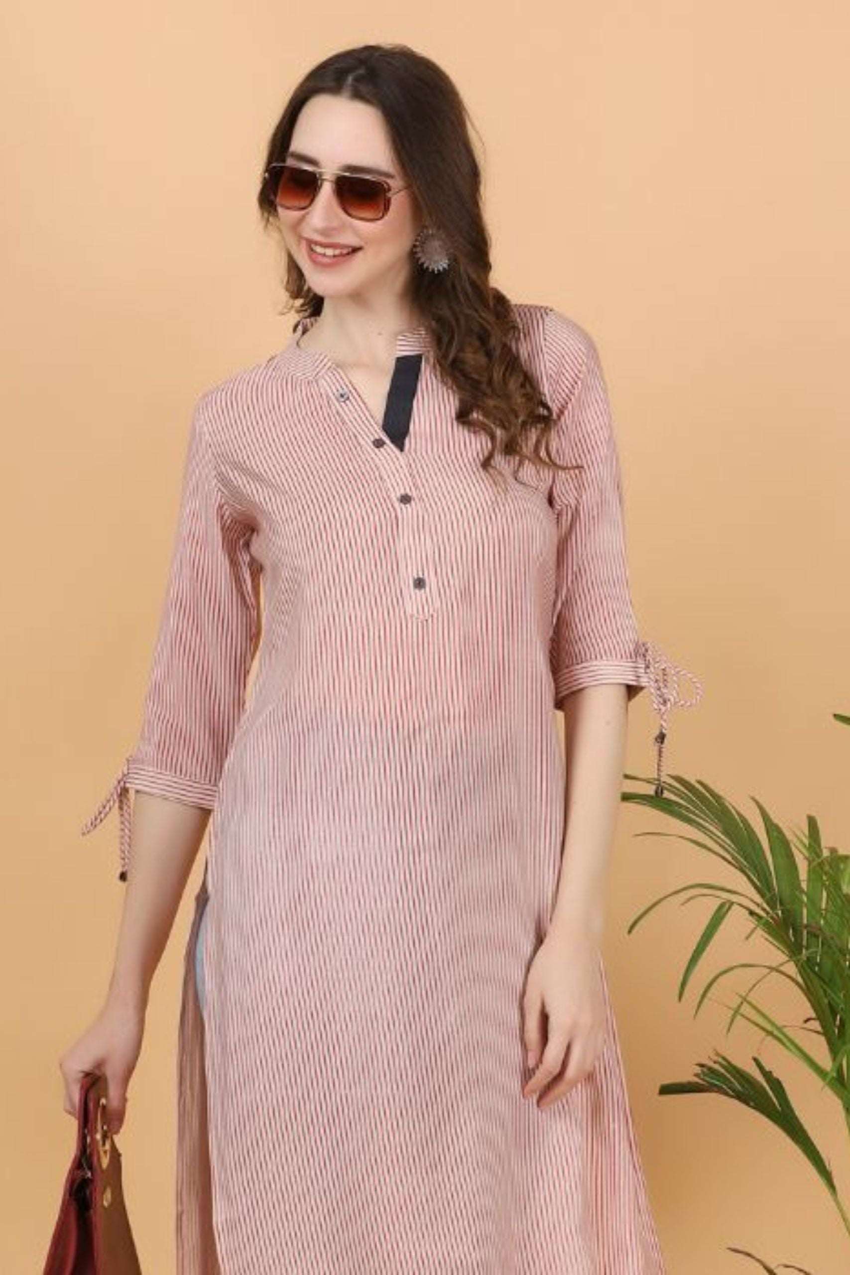 PINK STRIPES Chanderi Jacquard Fabric Kurti One Piece Comfortable Summer Wear - Style Like A Diva