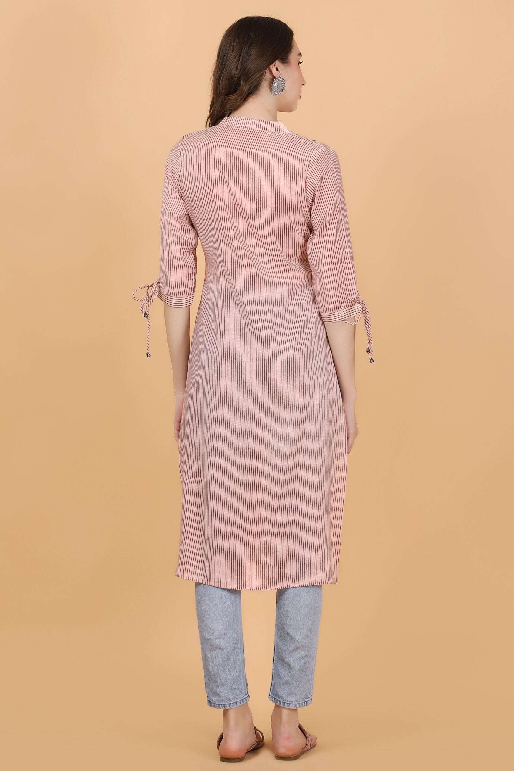 PINK STRIPES Chanderi Jacquard Fabric Kurti One Piece Comfortable Summer Wear - Style Like A Diva