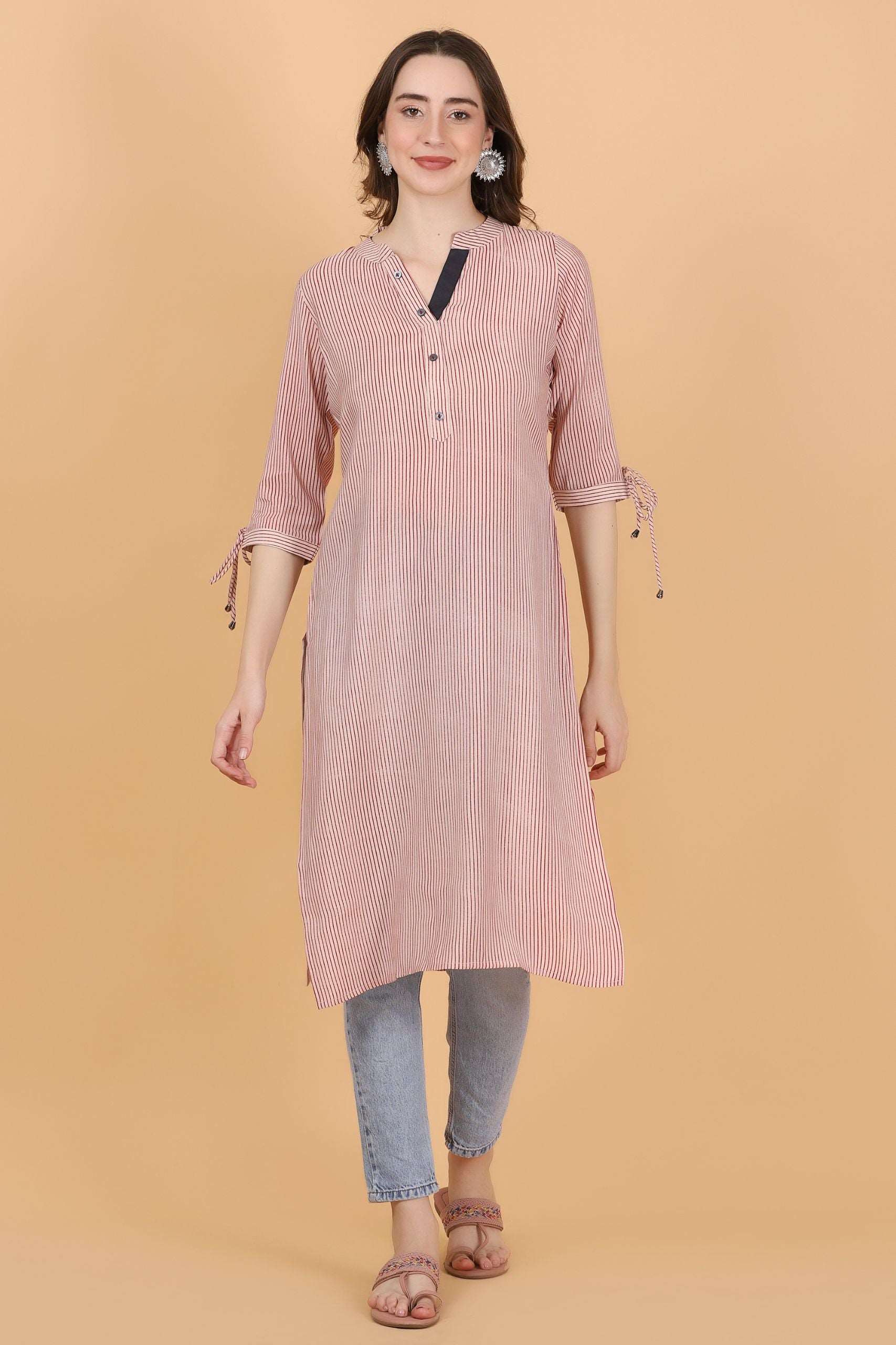 PINK STRIPES Chanderi Jacquard Fabric Kurti One Piece Comfortable Summer Wear - Style Like A Diva