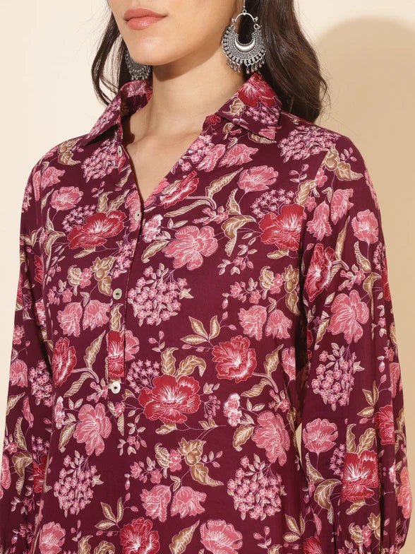 Purple Cotton Floral Printed Co - ords Set - Style Like A Diva