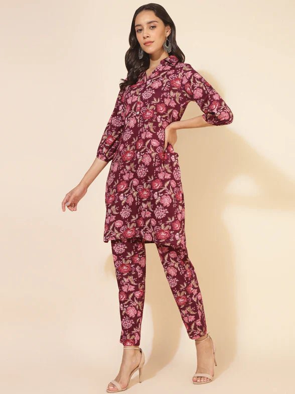 Purple Cotton Floral Printed Co - ords Set - Style Like A Diva