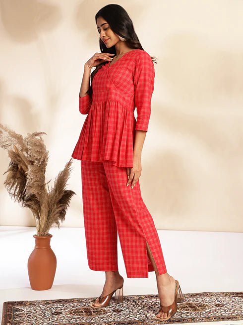 Red Cotton Checked Peplum Co - ord Set - Style Like A Diva