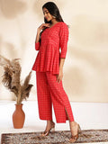 Red Cotton Checked Peplum Co - ord Set - Style Like A Diva