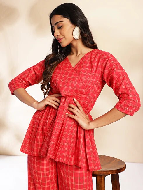 Red Cotton Checked Peplum Co - ord Set - Style Like A Diva