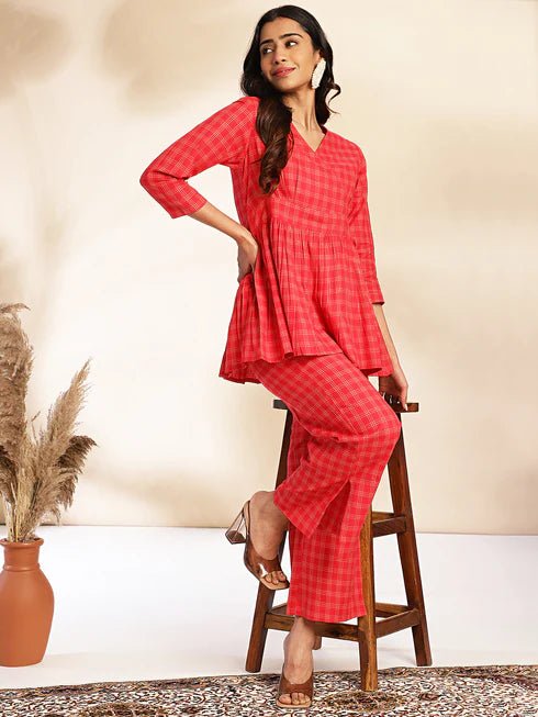 Red Cotton Checked Peplum Co - ord Set - Style Like A Diva