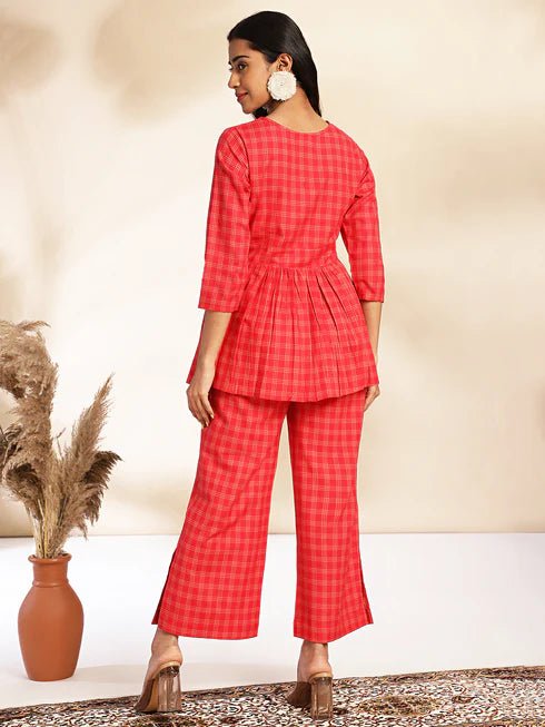 Red Cotton Checked Peplum Co - ord Set - Style Like A Diva