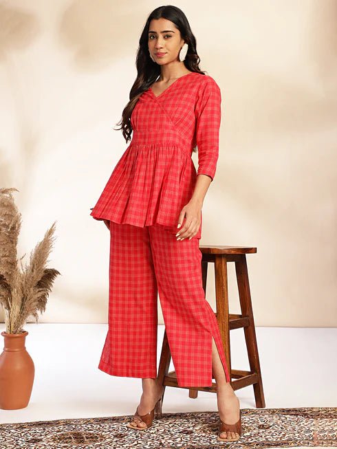 Red Cotton Checked Peplum Co - ord Set - Style Like A Diva