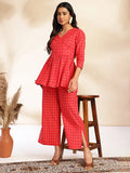 Red Cotton Checked Peplum Co - ord Set - Style Like A Diva