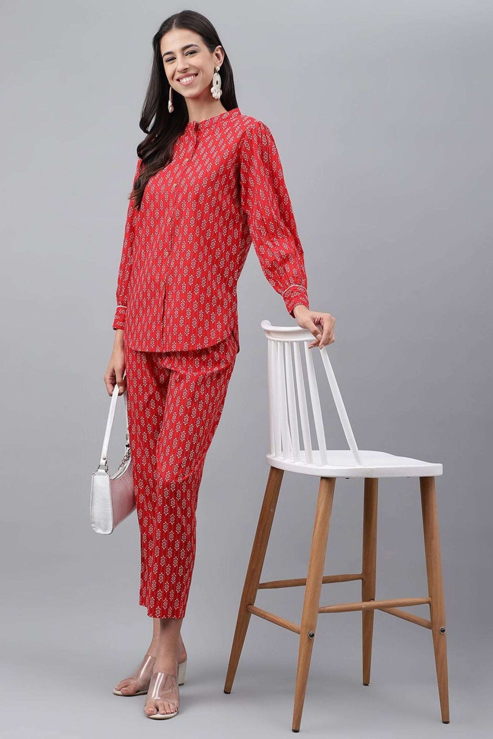 Red cotton ethnic motifs printed co - ord set - Style Like A Diva