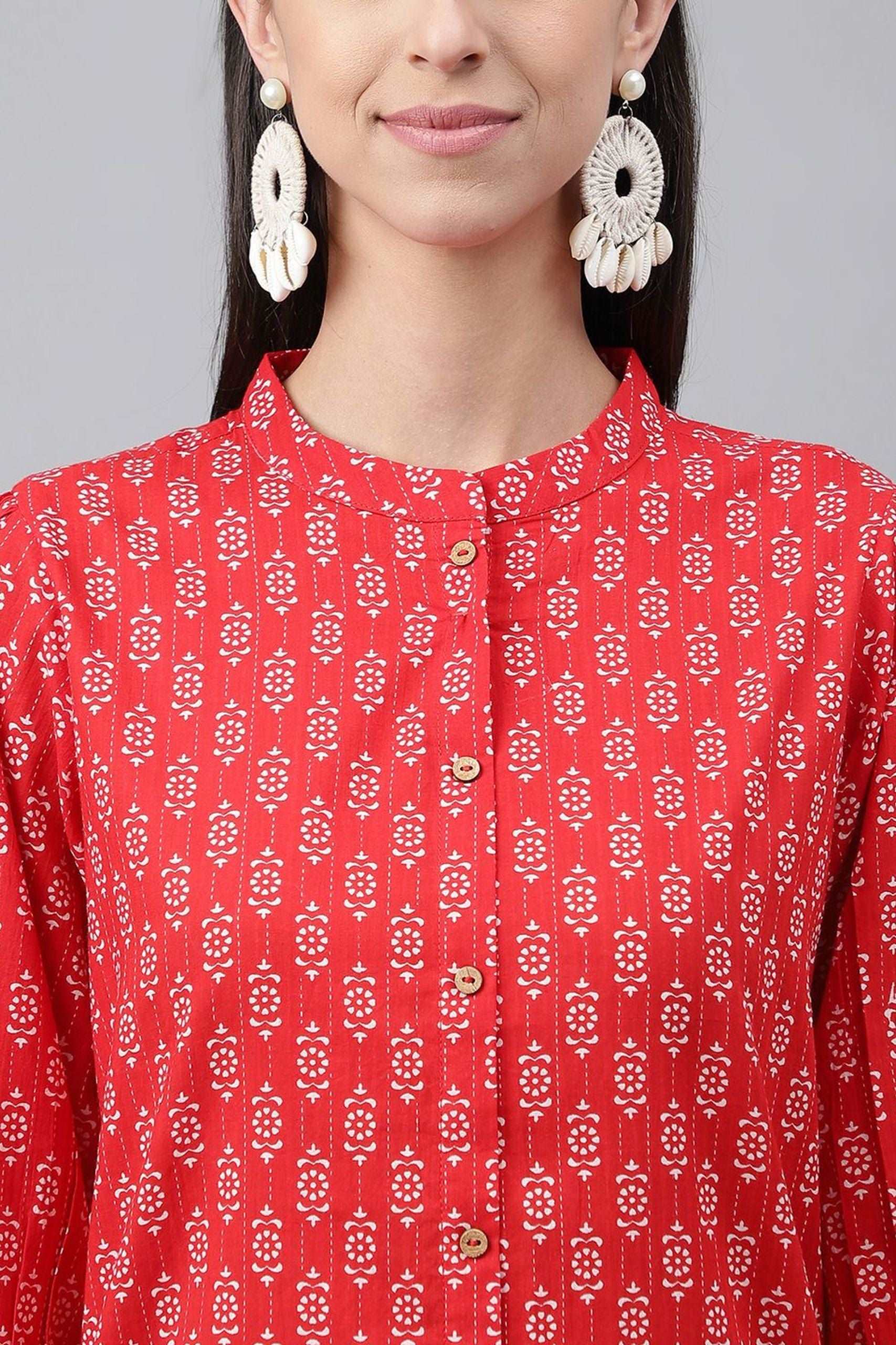 Red cotton ethnic motifs printed co - ord set - Style Like A Diva