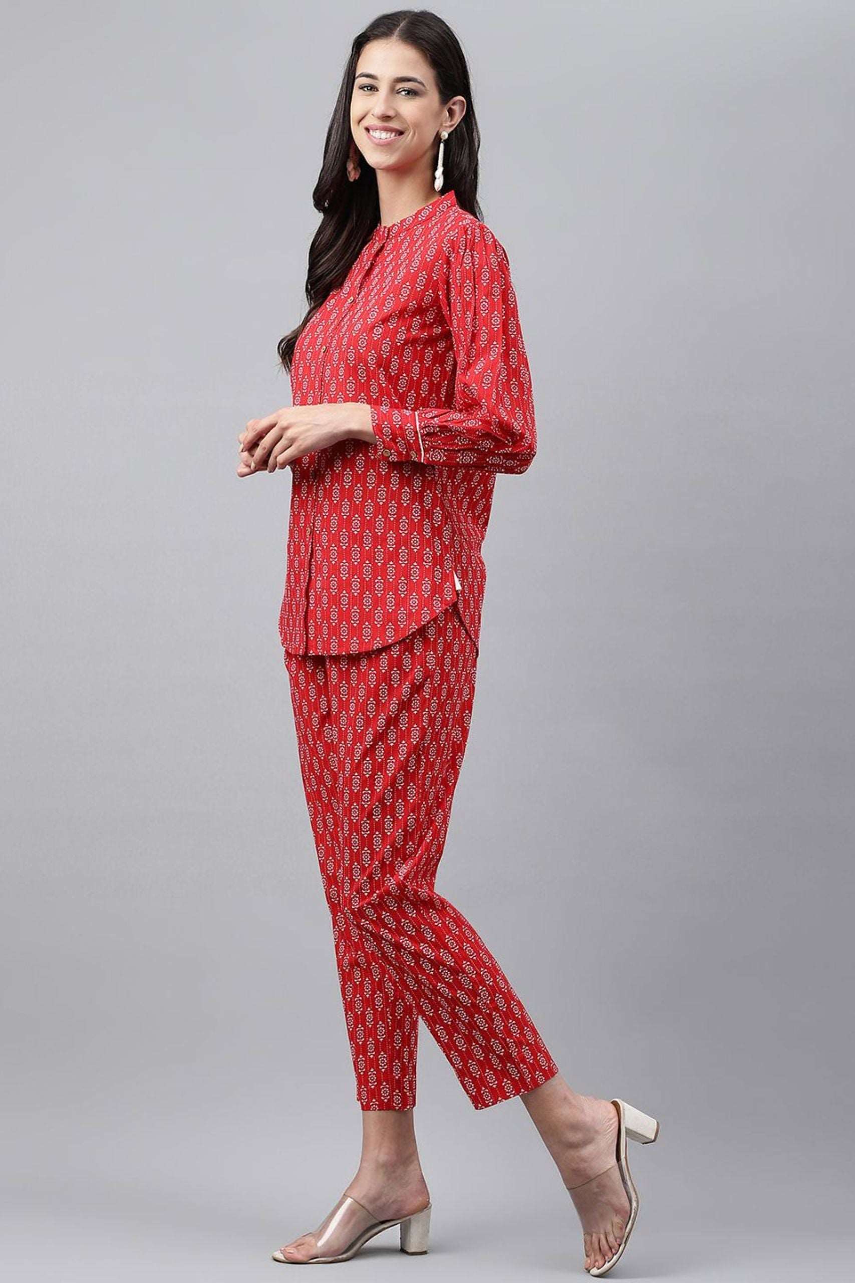 Red cotton ethnic motifs printed co - ord set - Style Like A Diva