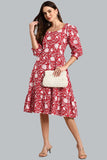 Red Cotton Floral A - Line Western Dress - Style Like A Diva