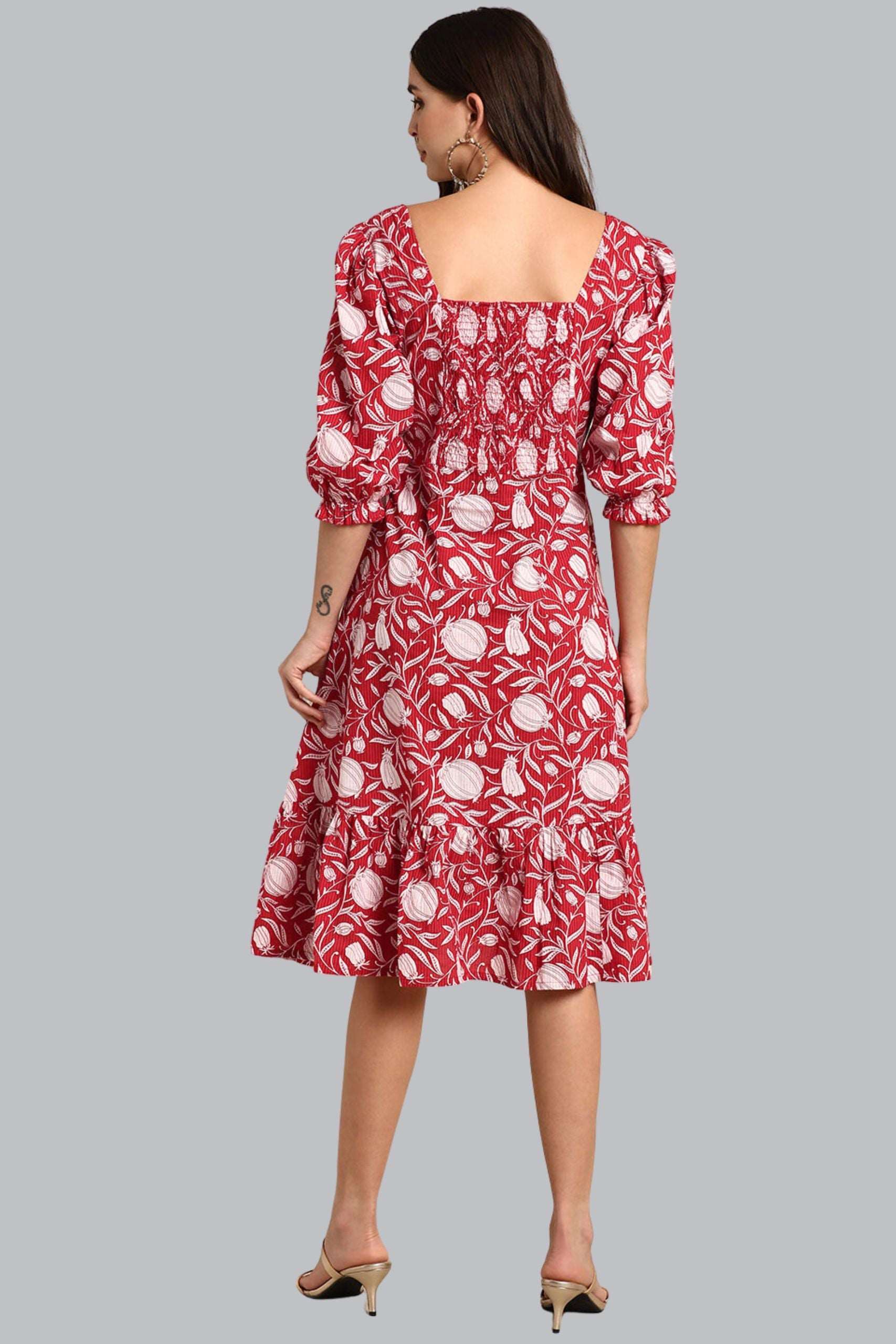 Red Cotton Floral A - Line Western Dress - Style Like A Diva