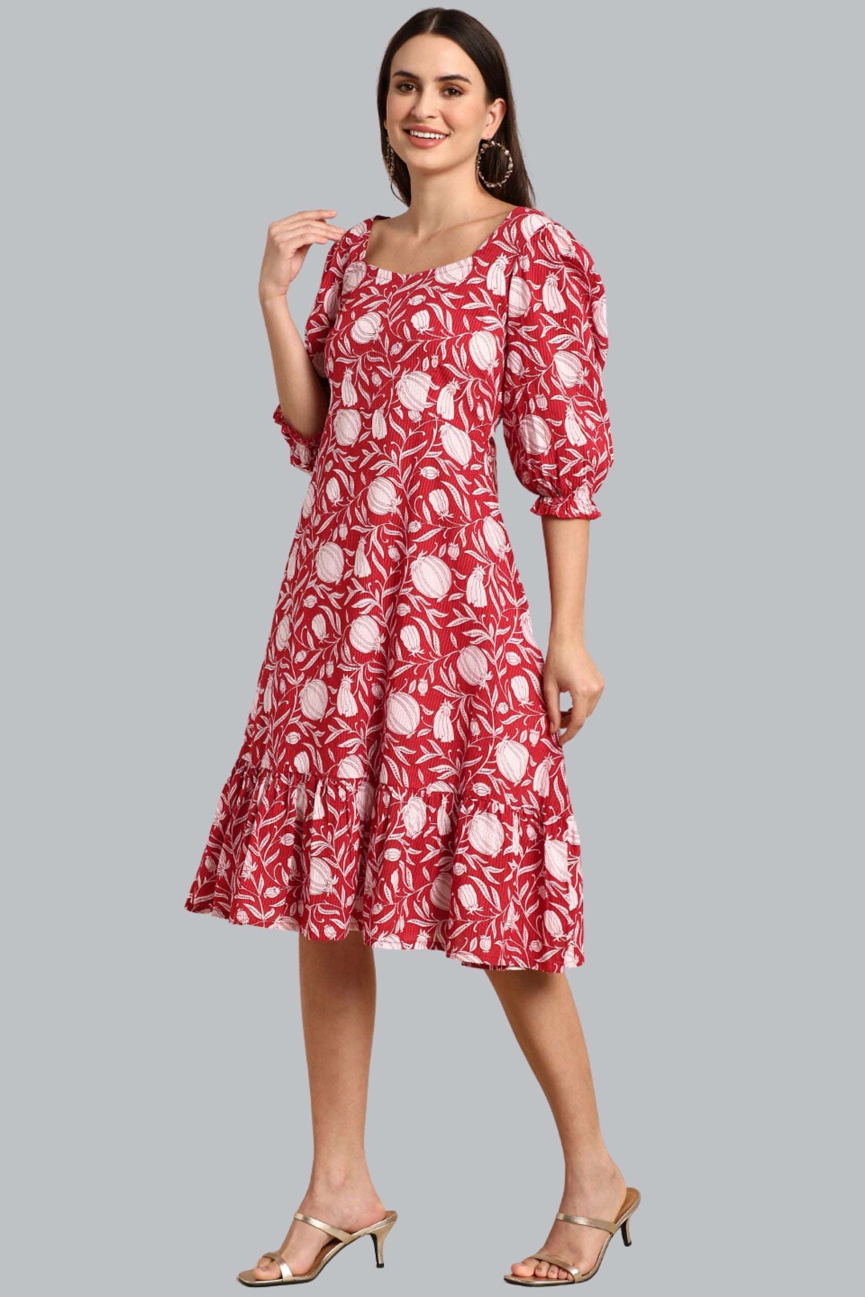 Red Cotton Floral A - Line Western Dress - Style Like A Diva