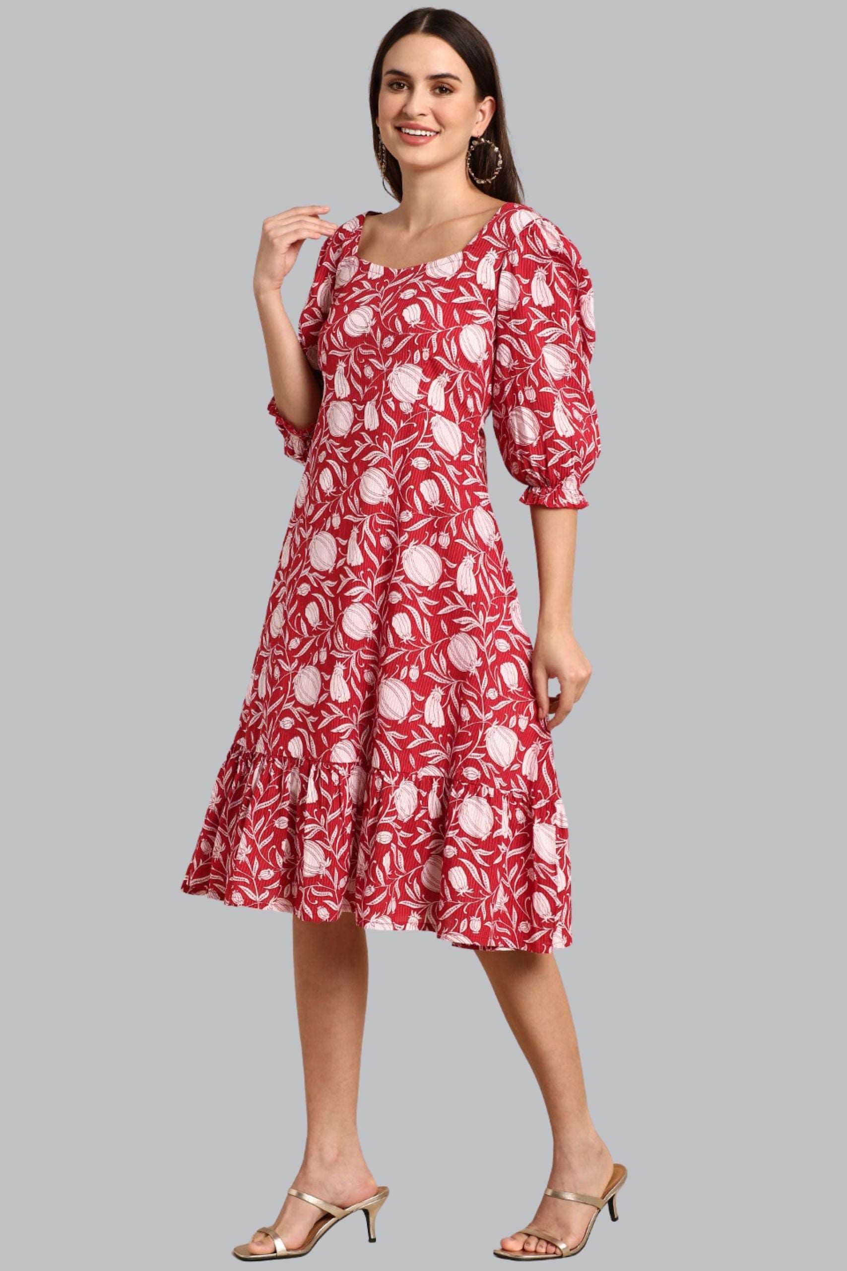 Red Cotton Floral A-Line Western Dress Style Like A Diva Red Cotton Floral A-Line Western Dress Style Like A Diva