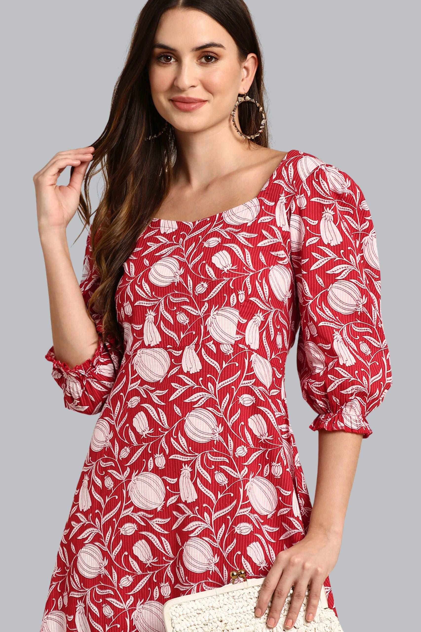 Red Cotton Floral A - Line Western Dress - Style Like A Diva