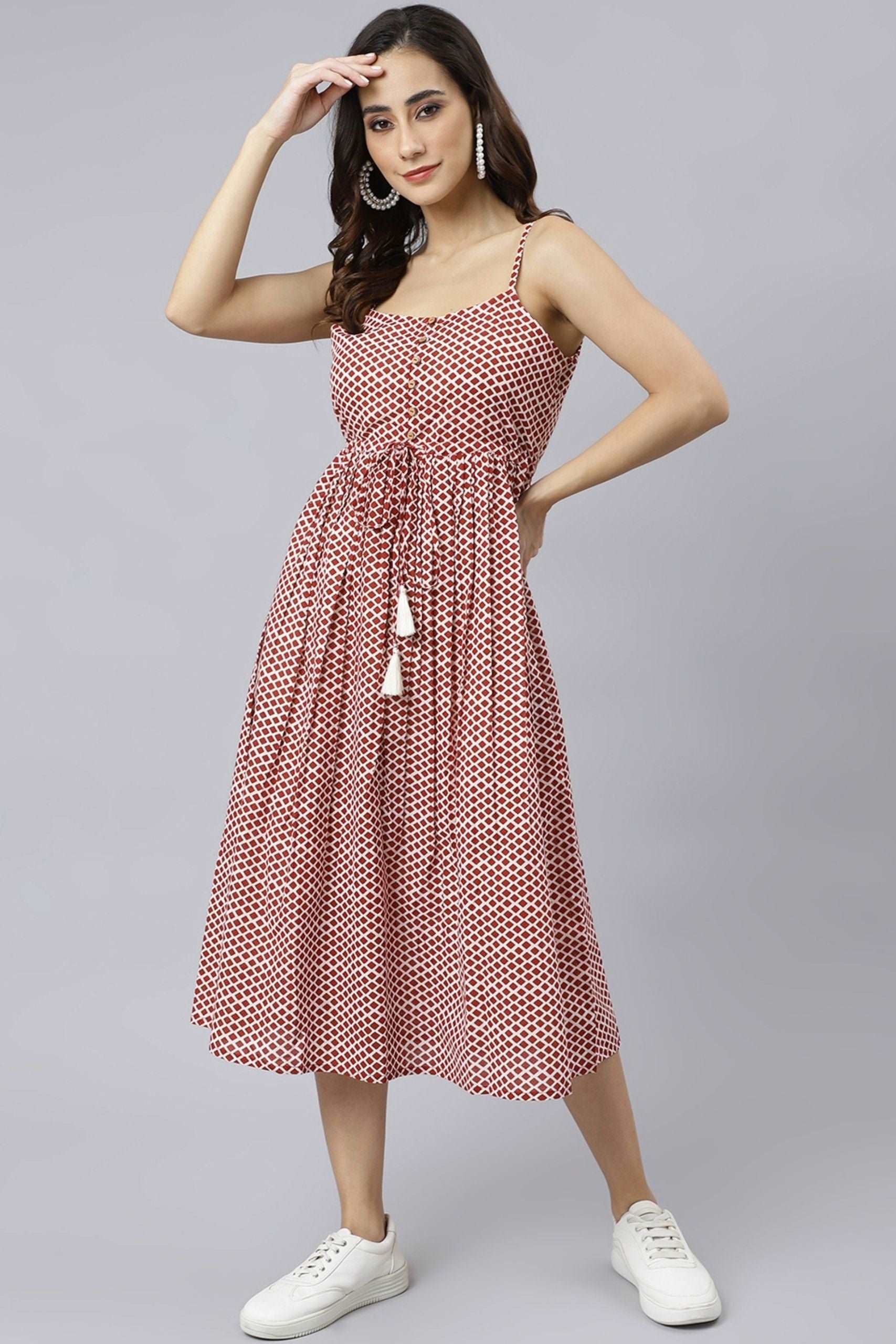 Red Cotton Geometric Printed Flared Western Dress - Style Like A Diva