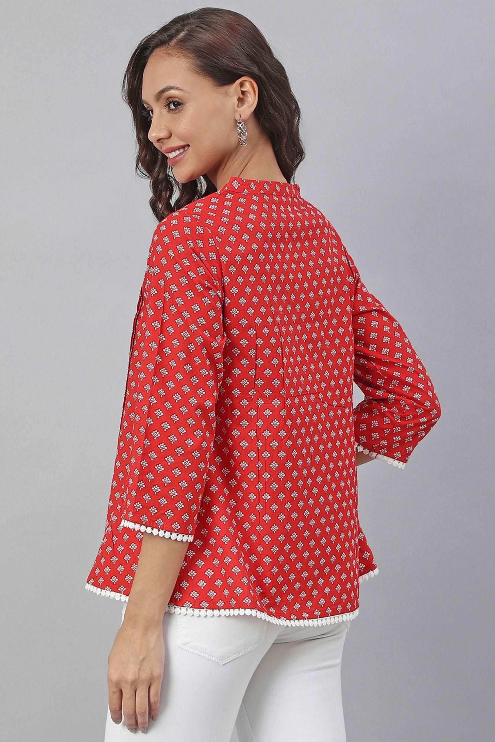 Red Cotton Schiffli Regular Top - Style Like A Diva