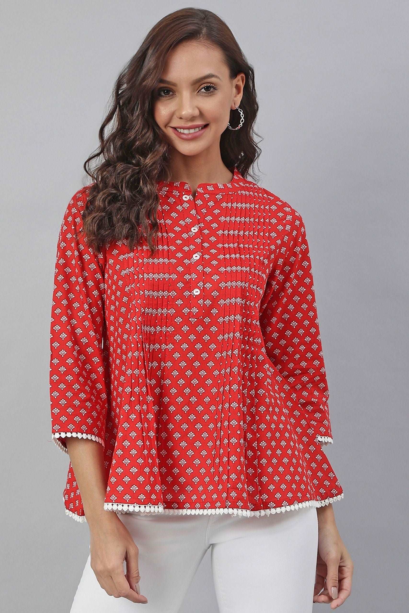 Red Cotton Schiffli Regular Top - Style Like A Diva