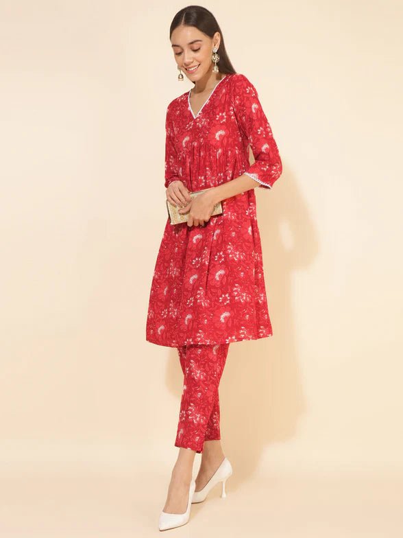 Red Floral kurta set - Style Like A Diva