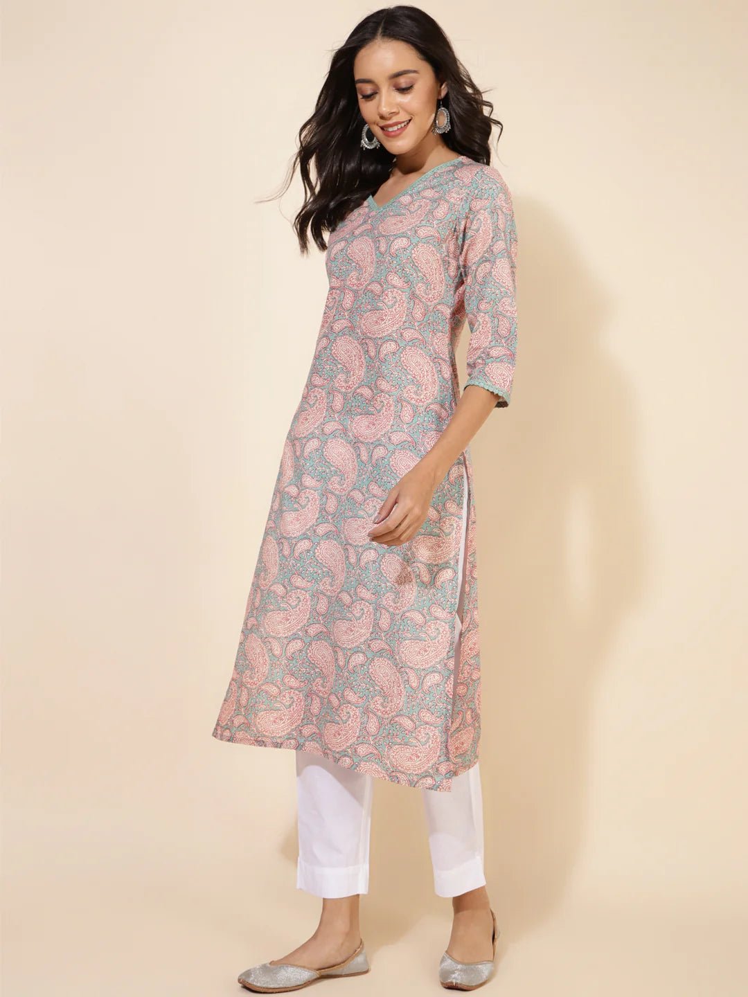 Sage Green Cotton Paisley Printed Straight Kurta - Style Like A Diva