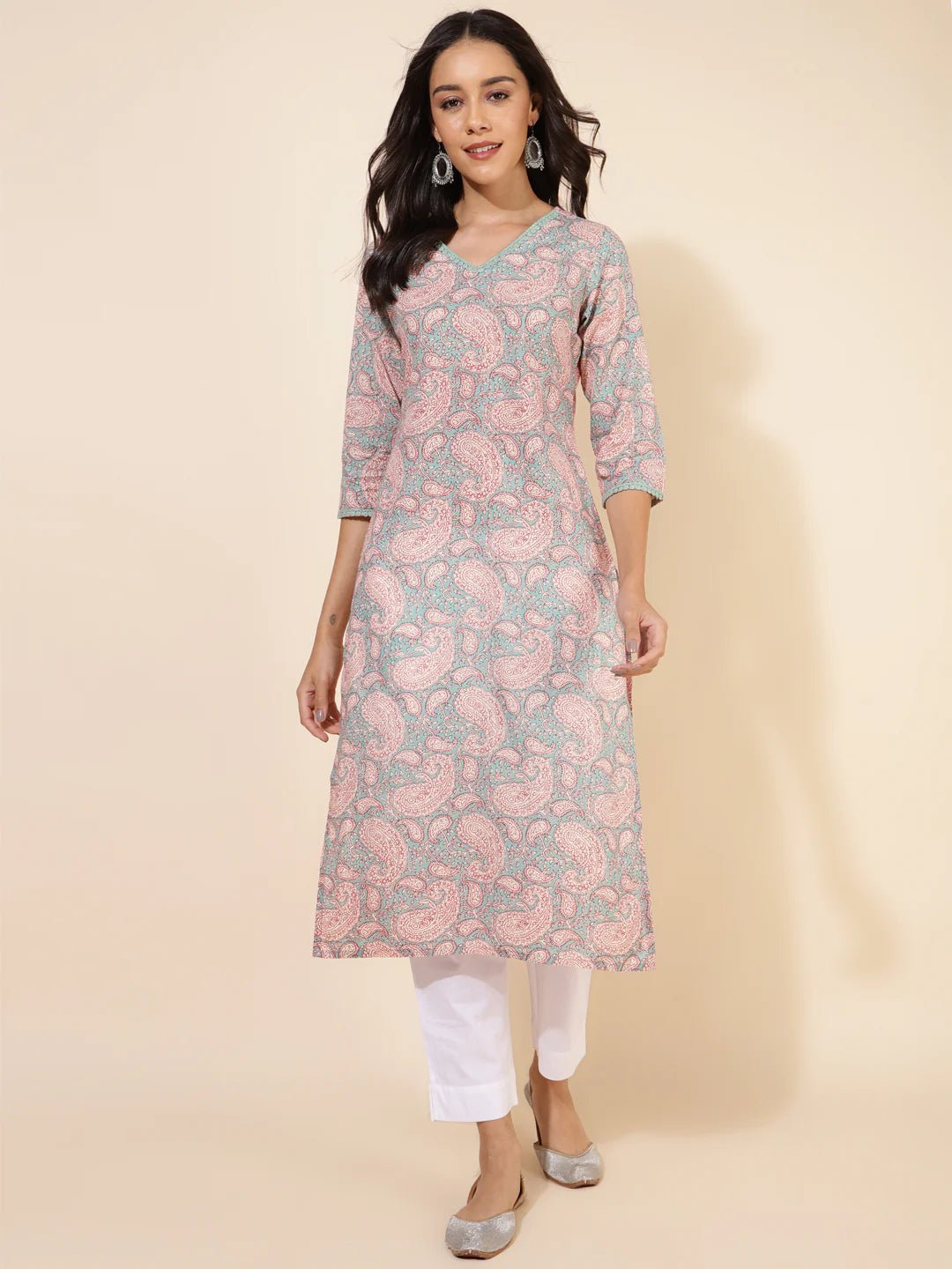 Sage Green Cotton Paisley Printed Straight Kurta - Style Like A Diva