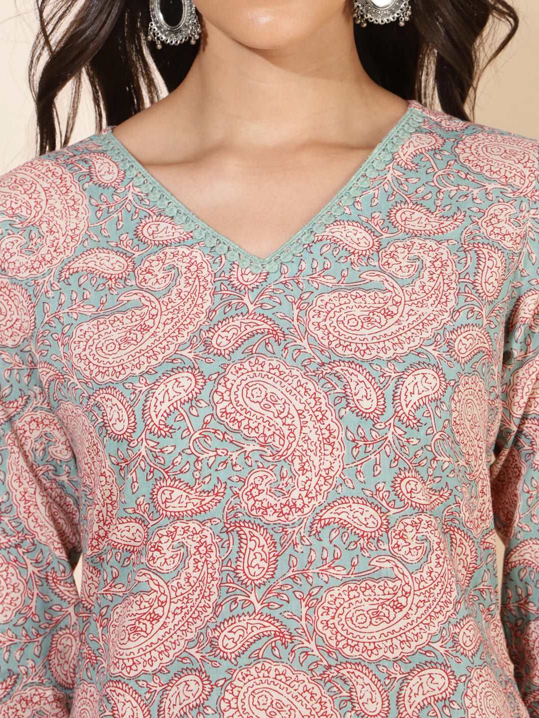 Sage Green Cotton Paisley Printed Straight Kurta - Style Like A Diva