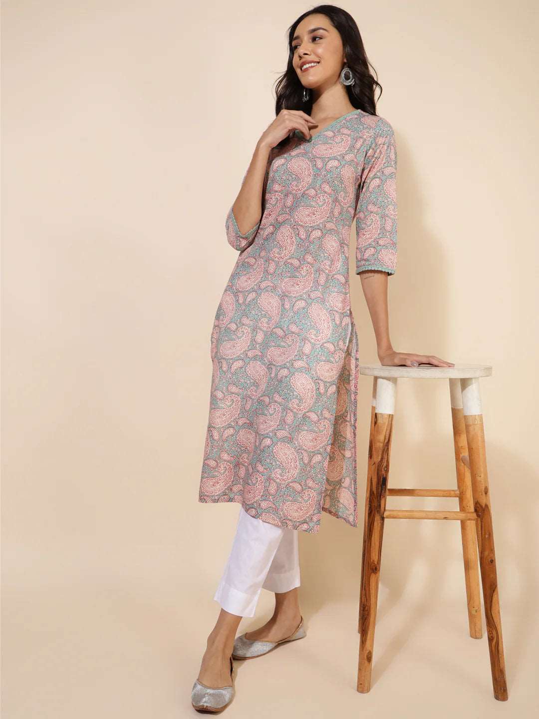 Sage Green Cotton Paisley Printed Straight Kurta - Style Like A Diva