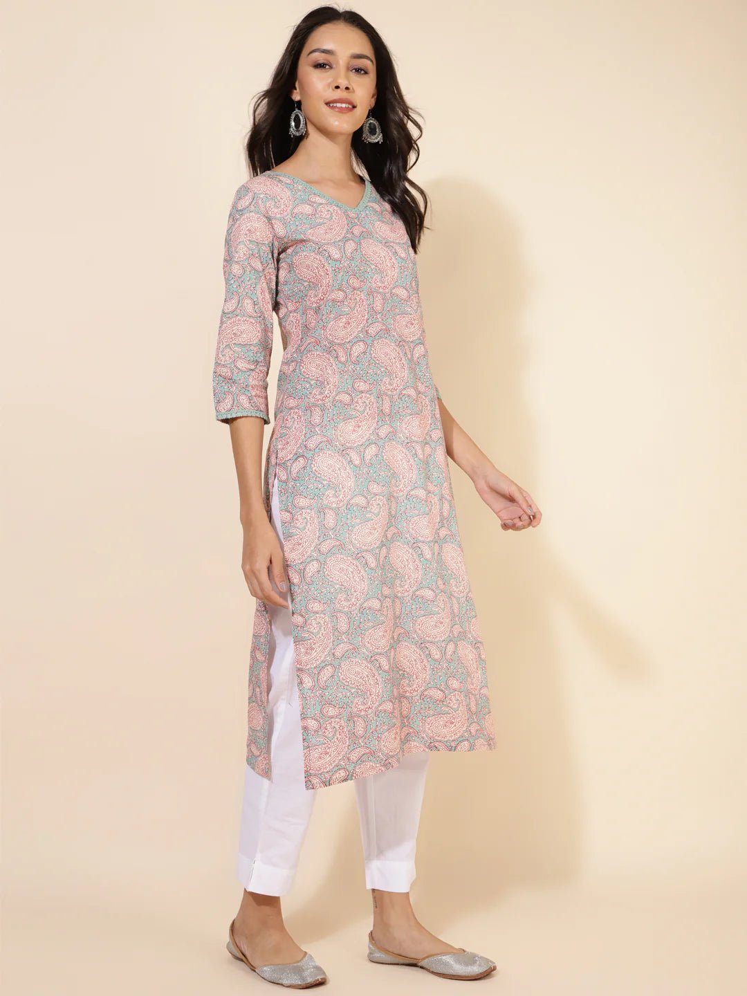 Sage Green Cotton Paisley Printed Straight Kurta - Style Like A Diva