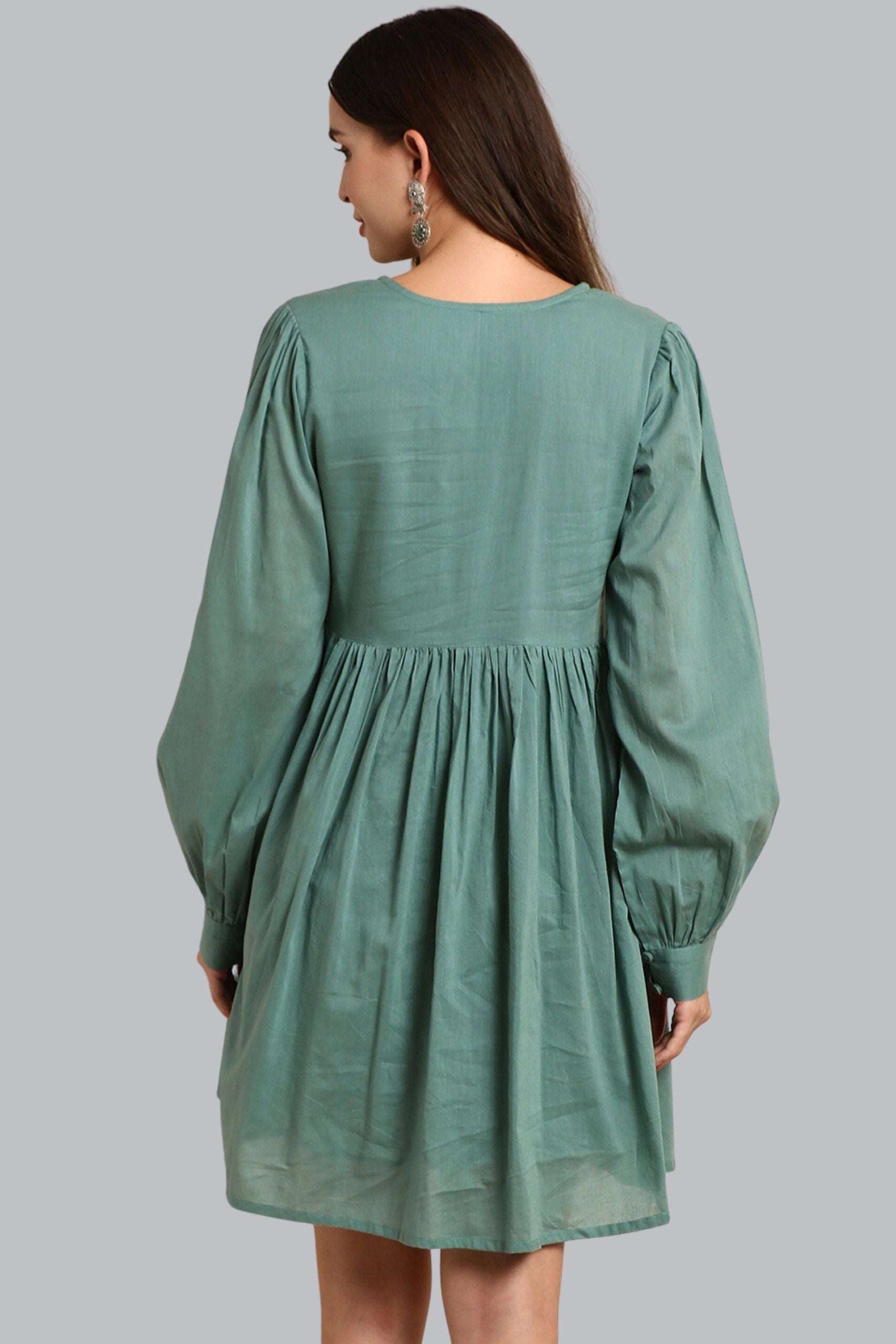 Sea Green Cotton Solid A - Line Western Dress - Style Like A Diva