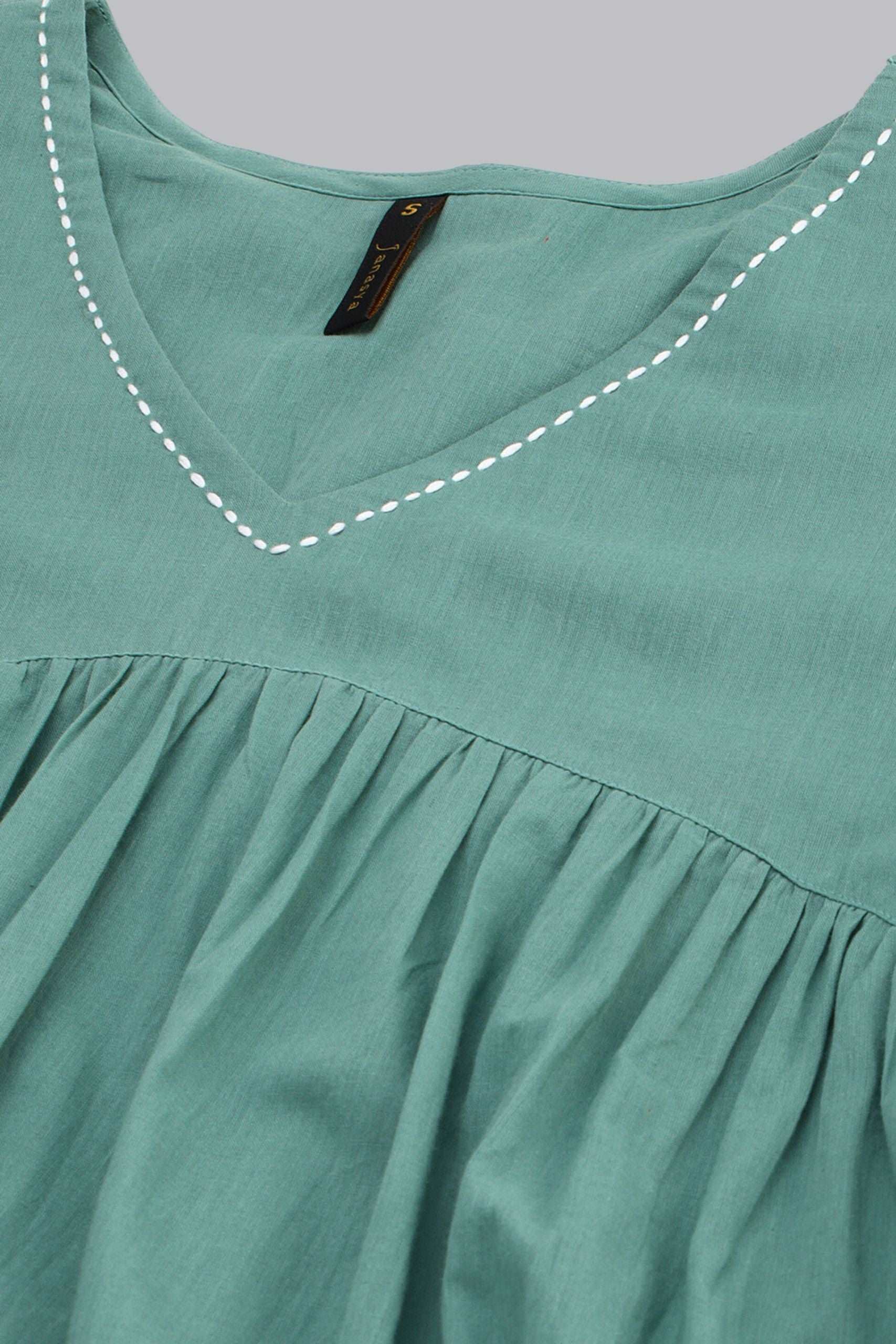 Sea Green Cotton Solid A - Line Western Dress - Style Like A Diva