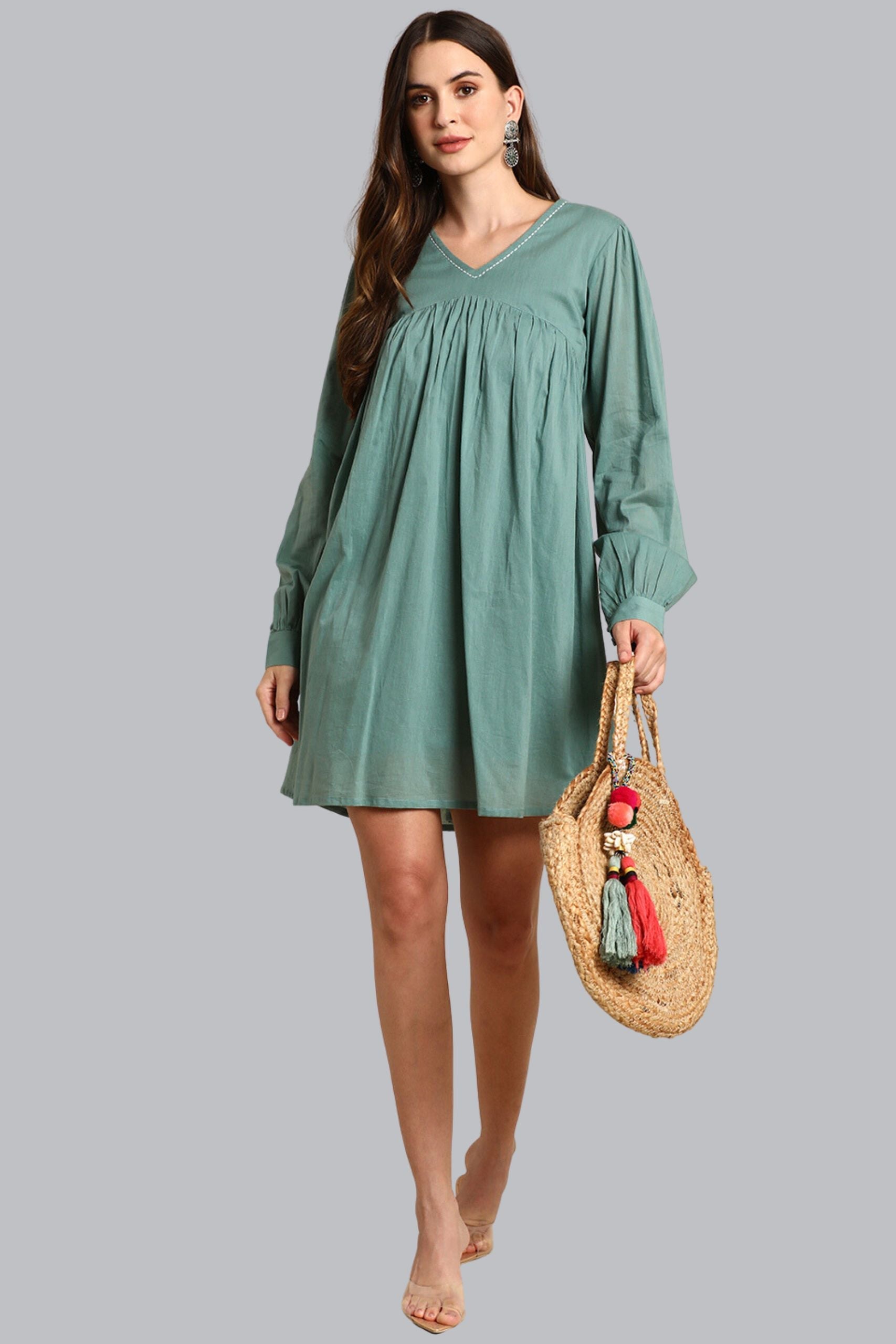 Sea Green Cotton Solid A - Line Western Dress - Style Like A Diva