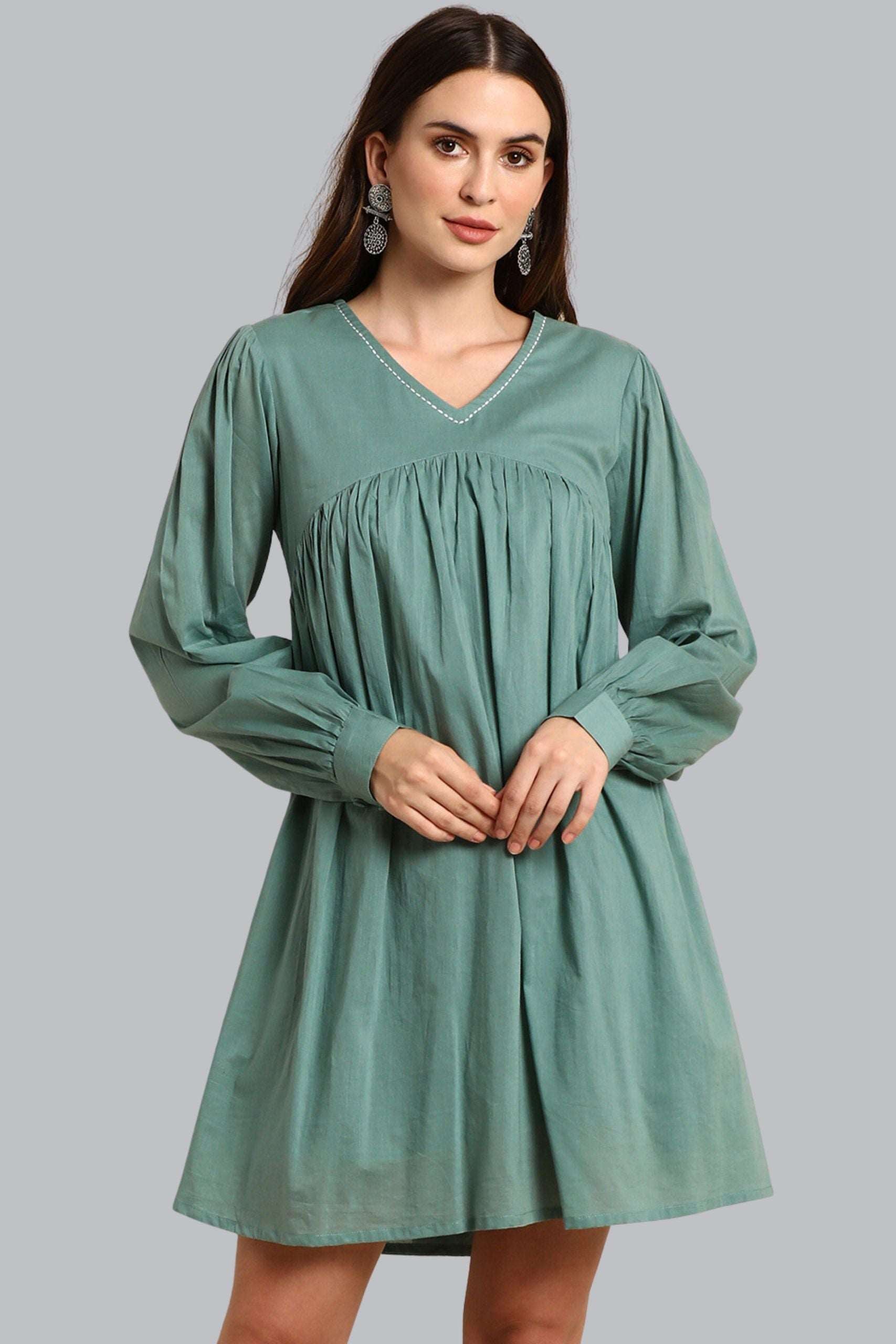 Sea Green Cotton Solid A - Line Western Dress - Style Like A Diva