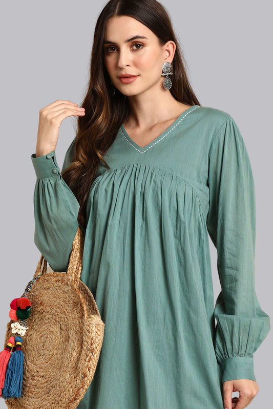 Sea Green Cotton Solid A - Line Western Dress - Style Like A Diva