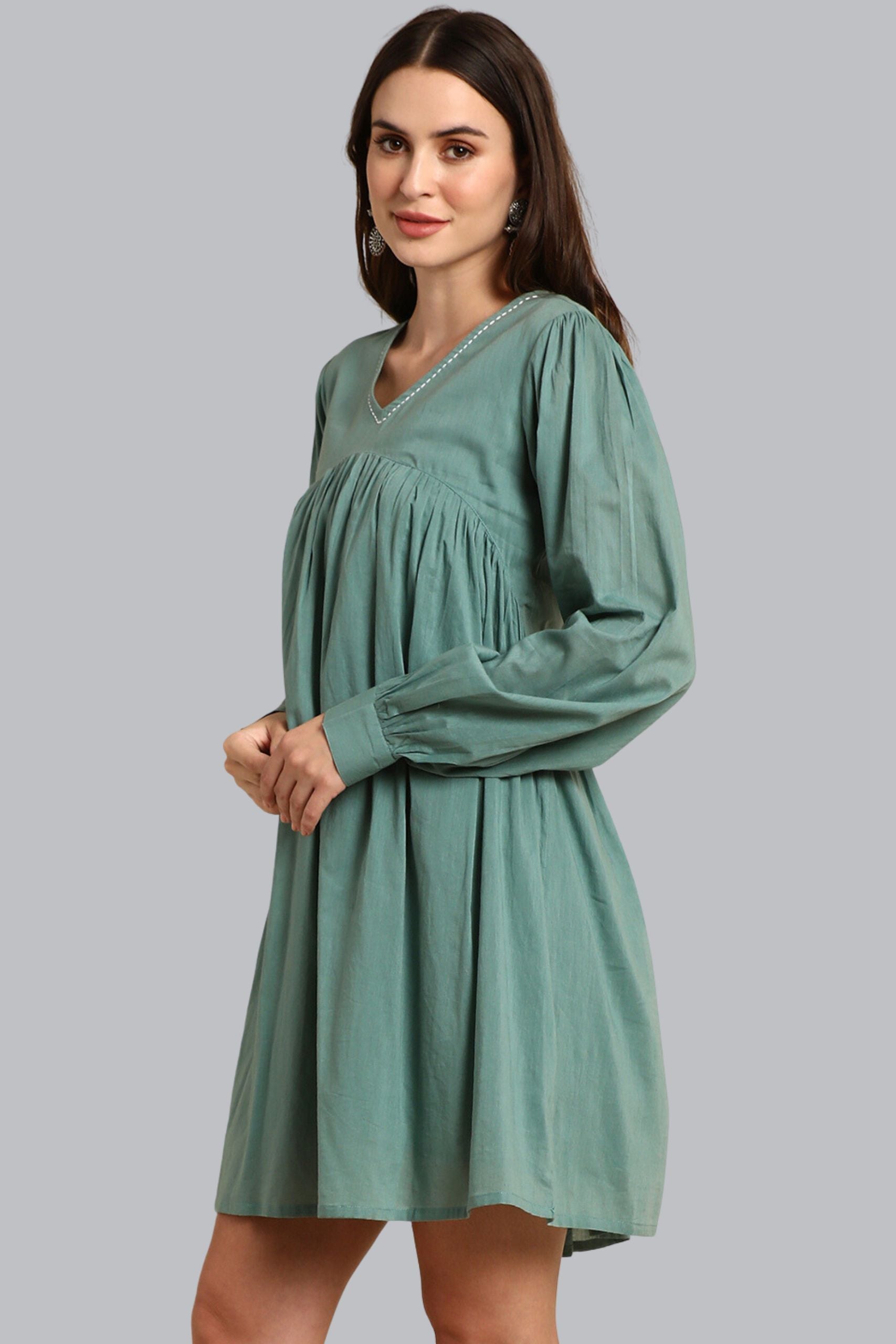 Sea Green Cotton Solid A - Line Western Dress - Style Like A Diva