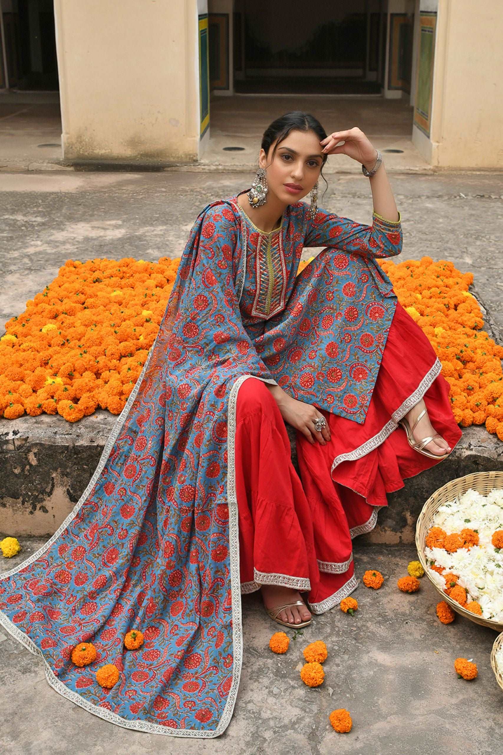 Sky Blue Cotton Floral Block Print 3 Piece Set - Style Like A Diva