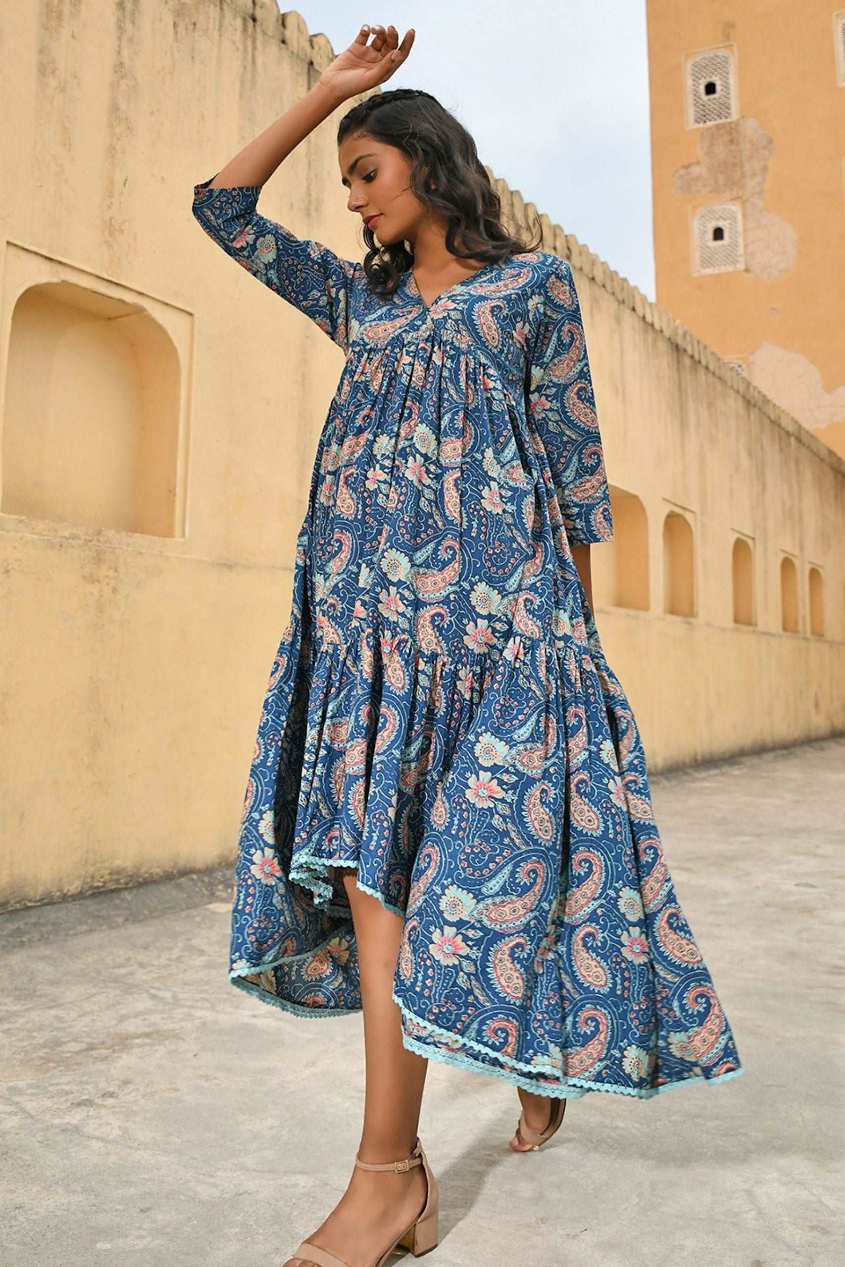 Teal Cotton Floral Print High Low Western Dress - Style Like A Diva