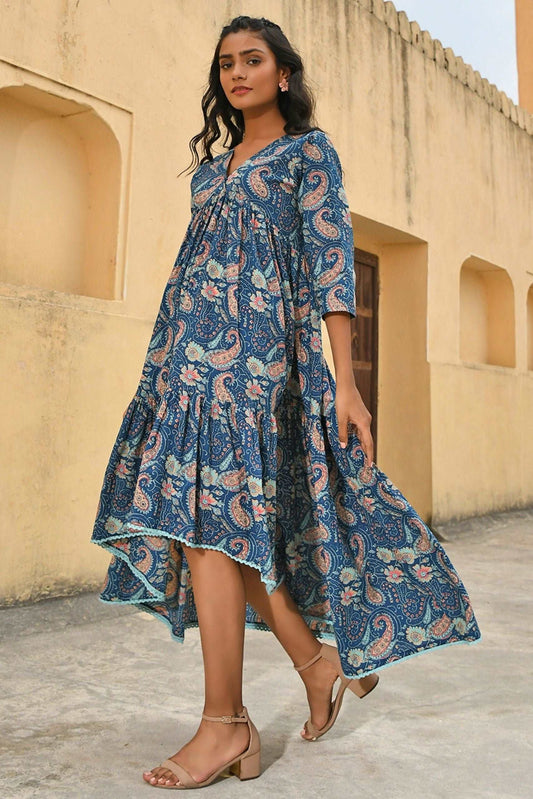 Teal Cotton Floral Print High Low Western Dress - Style Like A Diva